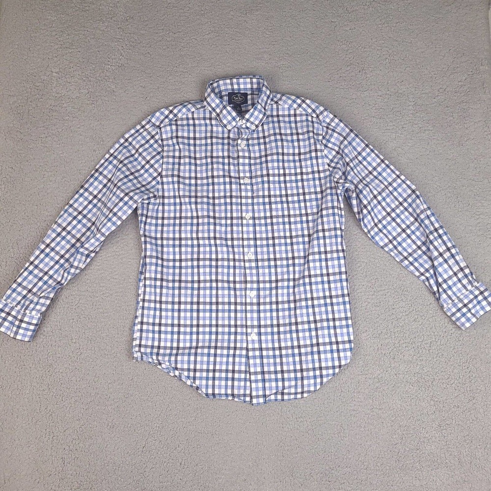 Nat Nast Shirt Mens Large White Blue Plaid Long Sleeve Button Down Cotton Blend